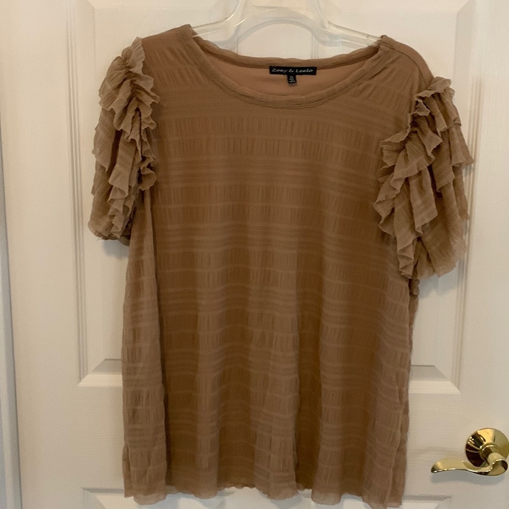 Zoey & Leelo Tan Sheer Top with lining & ruffle short sleeves‎ size 2X